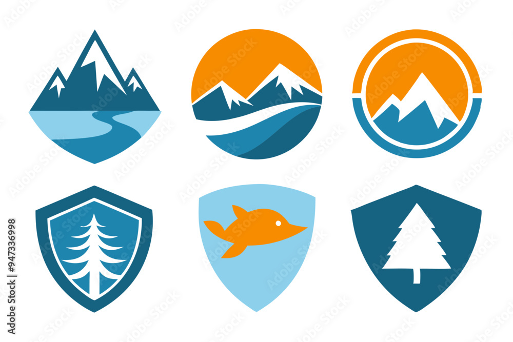Modern Emblem with Natural Elements: Mountains, Trees, and Water Modern Emblem with Natural Elements: Mountains, Trees, and Water