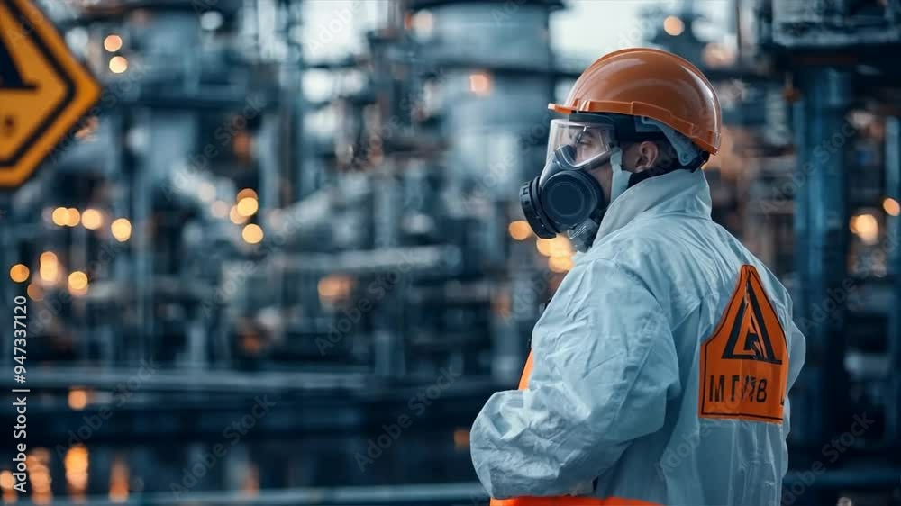 Industrial worker in protective gear at a refinery site, ensuring safety and compliance with regulations. Focus on worker safety and industrial environment. Industrial worker in protective gear at a refinery site, ensuring safety and compliance with regulations. Focus on worker safety and industrial environment.