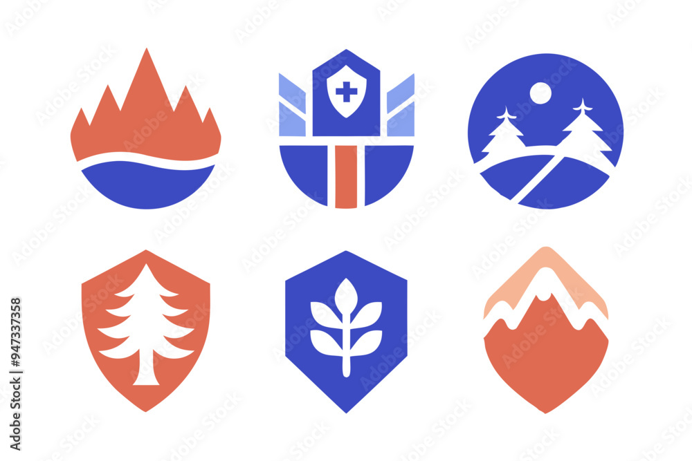 Elegant Emblem Blending Nature and Modern Style: Mountains, Trees, Water Elegant Emblem Blending Nature and Modern Style: Mountains, Trees, Water