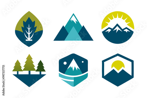 Elegant Emblem Blending Nature and Modern Style: Mountains, Trees, Water