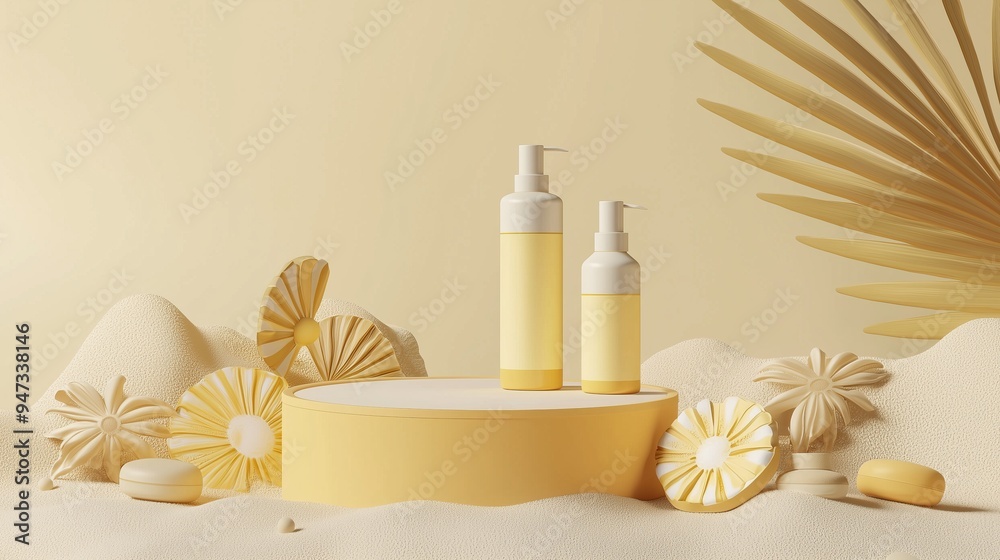 A stylish 3D podium with empty space on top, surrounded by men's facial cleansers and exfoliating scrubs, set against a light grey background, ideal for skincare product promotions A stylish 3D podium with empty space on top, surrounded by men's facial cleansers and exfoliating scrubs, set against a light grey background, ideal for skincare product promotions