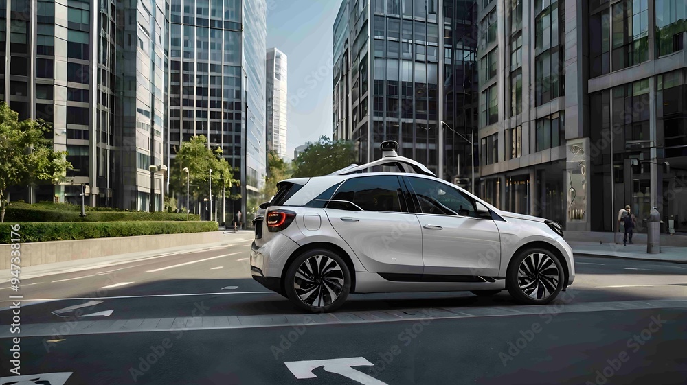 Autonomous Electric Vehicle Driving Through Modern City Streets on Sunny Day. Generative AI