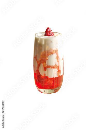 A glass of Strawberry juice with ice and a glass of cream, featuring a refreshing and sweet beverage with a cold, fruity look.
