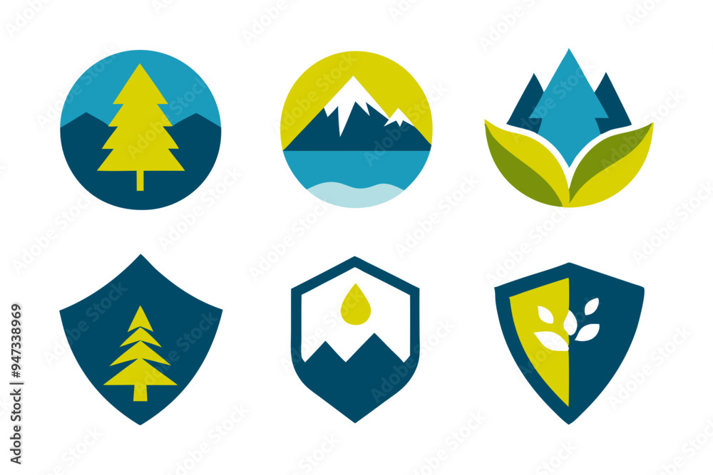 Modern Emblem with Natural Elements: Mountains, Trees, and Water Modern Emblem with Natural Elements: Mountains, Trees, and Water