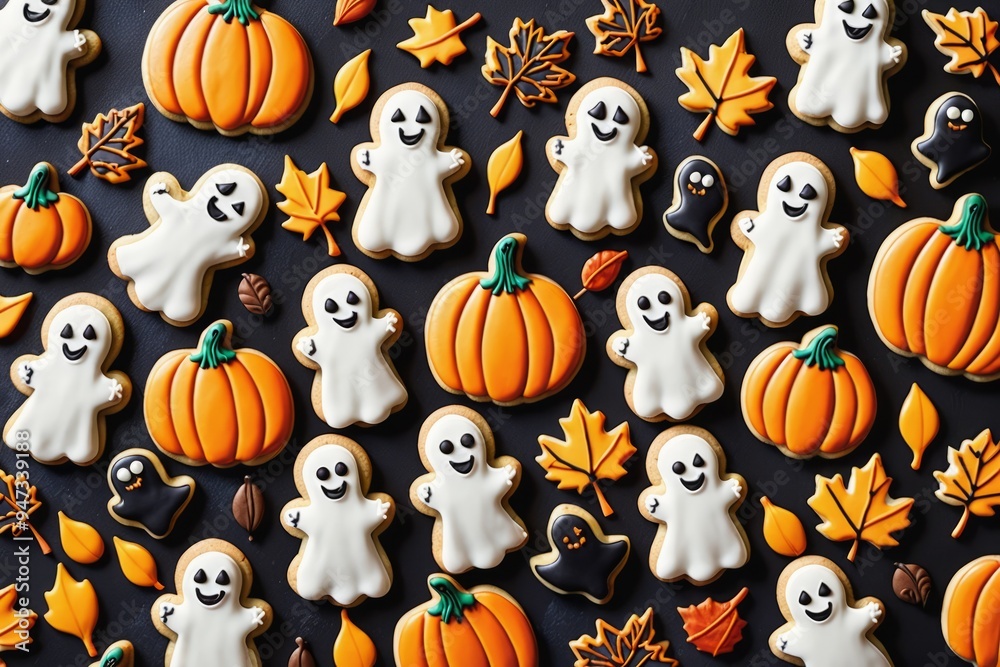 halloween pattern with pumpkins, ghosts and maple leaves halloween pattern with pumpkins, ghosts and maple leaves