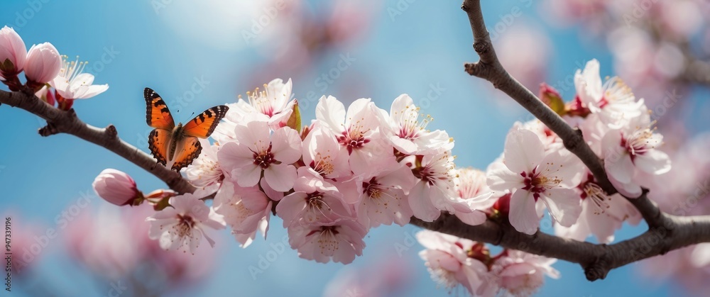 A Butterfly Perched on Pink Cherry Blossoms Against a Blue Sky A Butterfly Perched on Pink Cherry Blossoms Against a Blue Sky