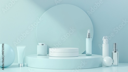 A chic 3D podium with a large empty area, surrounded by deodorants and body sprays, set against a bright white background, perfect for personal hygiene products