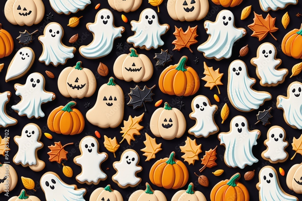 Halloween pumpkin cookies with spooky ghosts, bats, and cute monster friends for a fun, festive holiday design Halloween pumpkin cookies with spooky ghosts, bats, and cute monster friends for a fun, festive holiday design