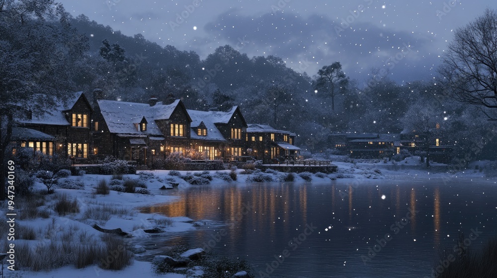 Fototapeta premium A wide shot of Ningle Terrace at dusk, with the cottages illuminated and snow gently falling.