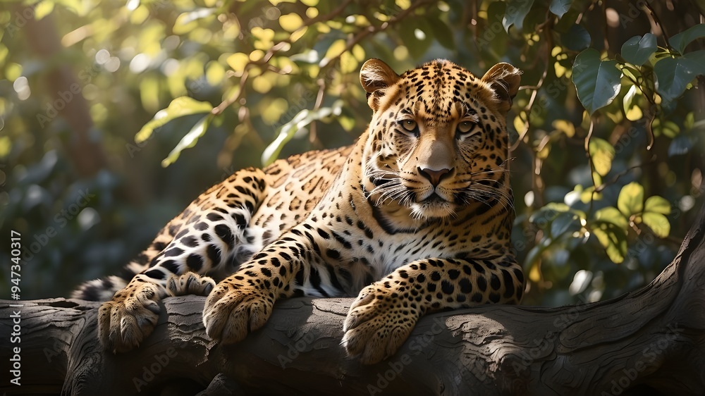 A majestic leopard resting on a large tree branch, surrounded by dense foliage, with dappled sunlight filtering through the leaves, highlighting its golden coat and rosettes. A majestic leopard resting on a large tree branch, surrounded by dense foliage, with dappled sunlight filtering through the leaves, highlighting its golden coat and rosettes.