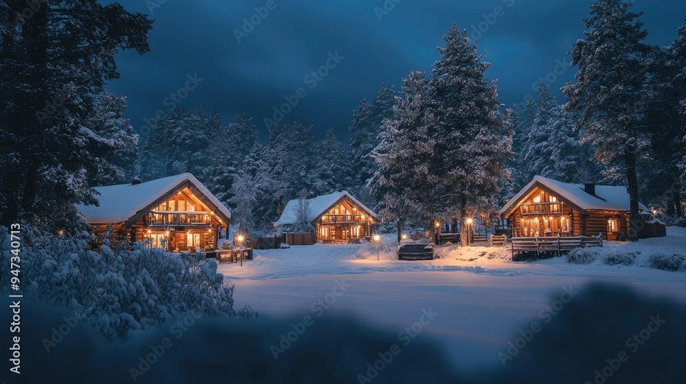 A wide-angle shot of the illuminated cabins at Ningle Terrace, surrounded by snow-covered trees. A wide-angle shot of the illuminated cabins at Ningle Terrace, surrounded by snow-covered trees.