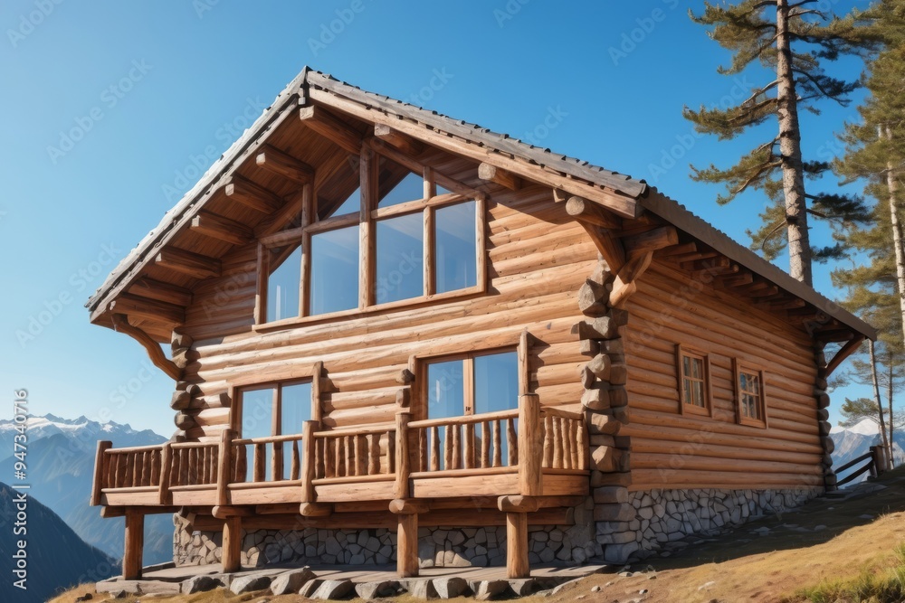 Wooden cabin nestled amidst Norway's majestic mountains, overlooking a serene landscape of lush greenery Wooden cabin nestled amidst Norway's majestic mountains, overlooking a serene landscape of lush greenery