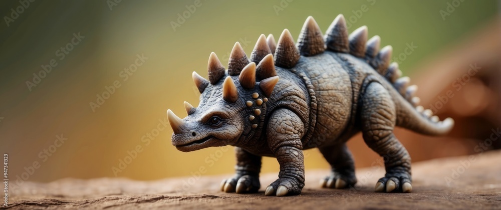 Fototapeta premium Spiky Dinosaur Toy on Brown Surface with Blurred Background