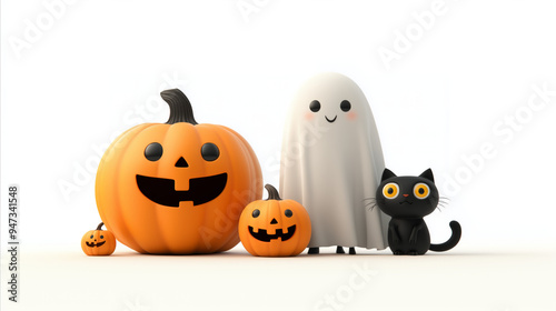 Adorable Halloween Figures. Cute Pumpkin, Ghost, and Black Cat on a White Background. Halloween Banner.