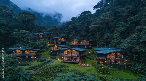 Luxury Eco Friendly Cabins in Lush Rainforest at Dusk