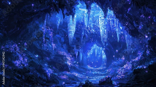 A Mystical Blue Cave with Crystal Formations and Glowing Lights