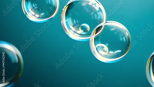 Abstract photo of soap bubbles floating in a dark background.  The bubbles are iridescen photo