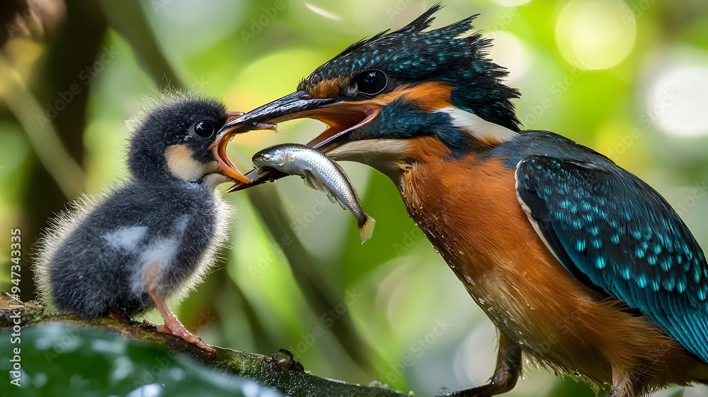 Fototapeta premium Caring Parent Kingfisher Bird Feeding Its Baby in Lush Green Habitat