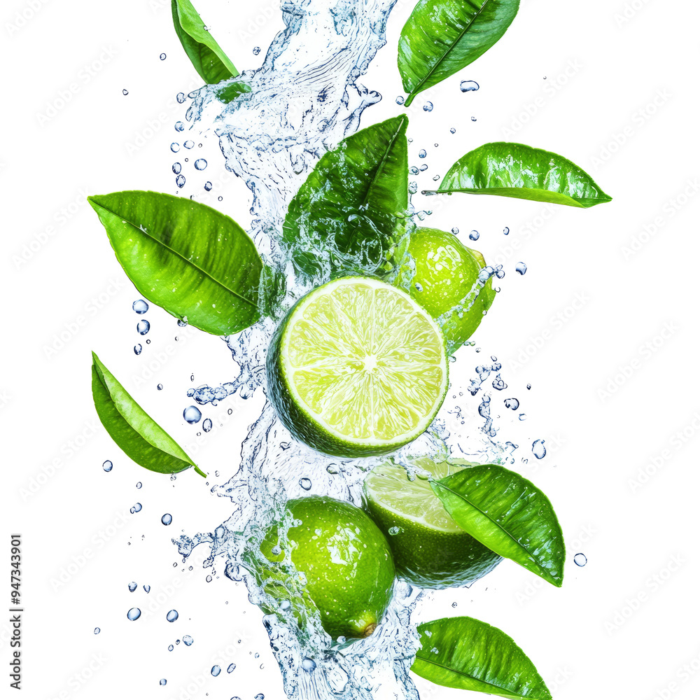 Fresh limes splashing with leaves, cut out Fresh limes splashing with leaves, cut out