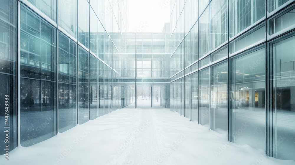 Snow-Covered Courtyard Between Glass Buildings Snow-Covered Courtyard Between Glass Buildings