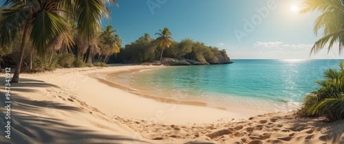 Palm Trees and Sandy Beach with Turquoise Ocean Water
