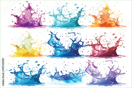 Set of different color water explosions isolated on a white background. Watercolor Background. Multi colored splash on white background. 