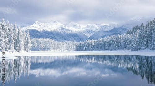 Snow-Covered Mountains Reflected in a Frozen Lake