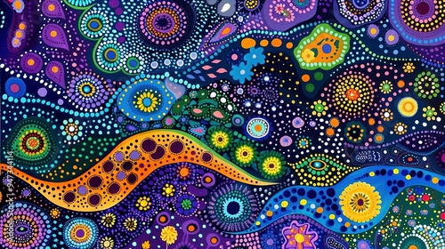Dreamtime Story of the Land in Australian Aboriginal Dot Painting Style Art