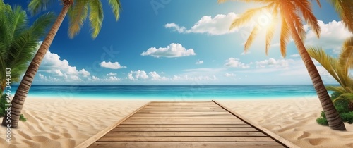 Wooden Plank Pathway Leading to a Tropical Beach