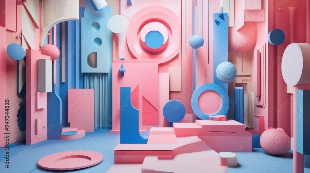 Abstract 3D Geometric Shapes in Pink and Blue Abstract 3D Geometric Shapes in Pink and Blue