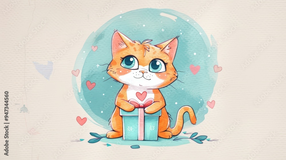 Fototapeta premium A charming red cat holds a gift surrounded by vibrant hearts in a whimsical watercolor style. Perfect for cat lovers