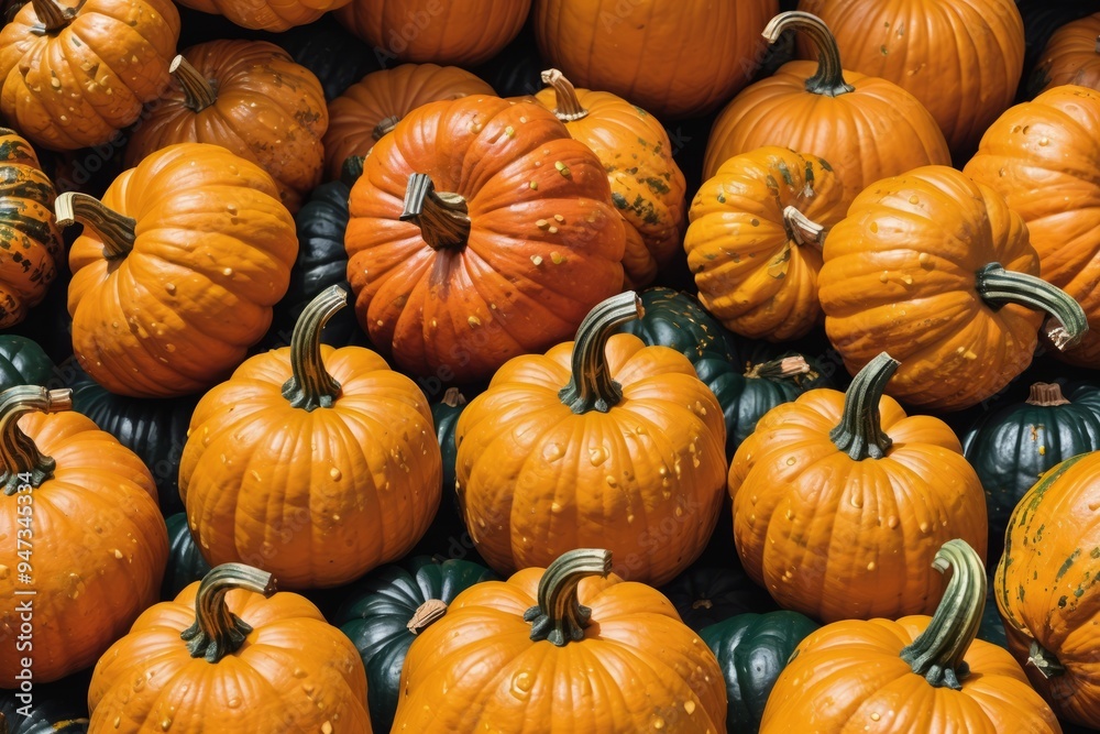 Autumnal orange pumpkins pile high in a festive harvest scene Autumnal orange pumpkins pile high in a festive harvest scene