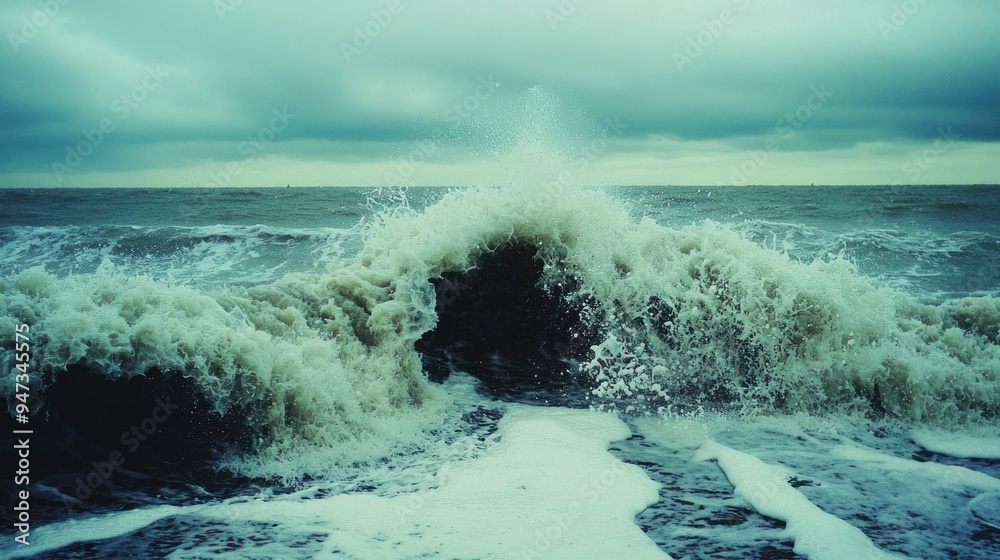 Fototapeta premium A Large Wave Breaking on the Shore with a Cloudy Sky Overhead