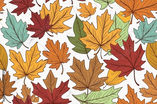 A seamless pattern of autumn leaves with vibrant shades of orange, yellow, and red featuring maple and oak leaves, capturing the essence of fall nature in a vector design.