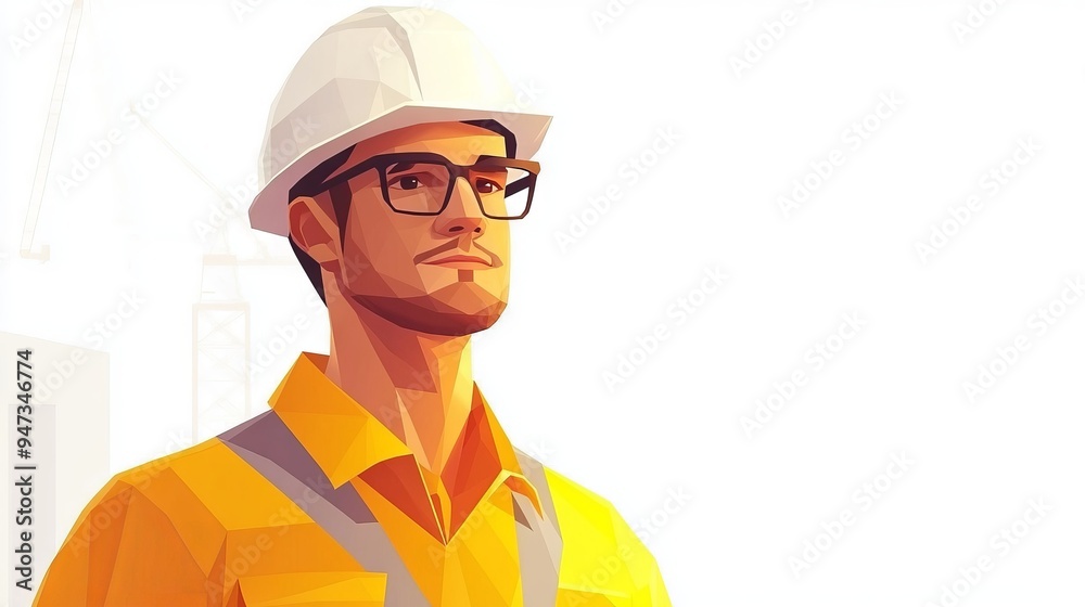 Construction Engineer Man Wearing a Yellow Uniform, Glasses, and White Safety Helmet. Architect in Hard Hat. Isolated Polygonal Vector Illustration on White Background. Modern Geometrical Style. Construction Engineer Man Wearing a Yellow Uniform, Glasses, and White Safety Helmet. Architect in Hard Hat. Isolated Polygonal Vector Illustration on White Background. Modern Geometrical Style.