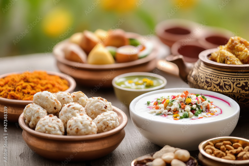 Diwali snacks with sweets and salted on wooden table Diwali snacks with sweets and salted on wooden table