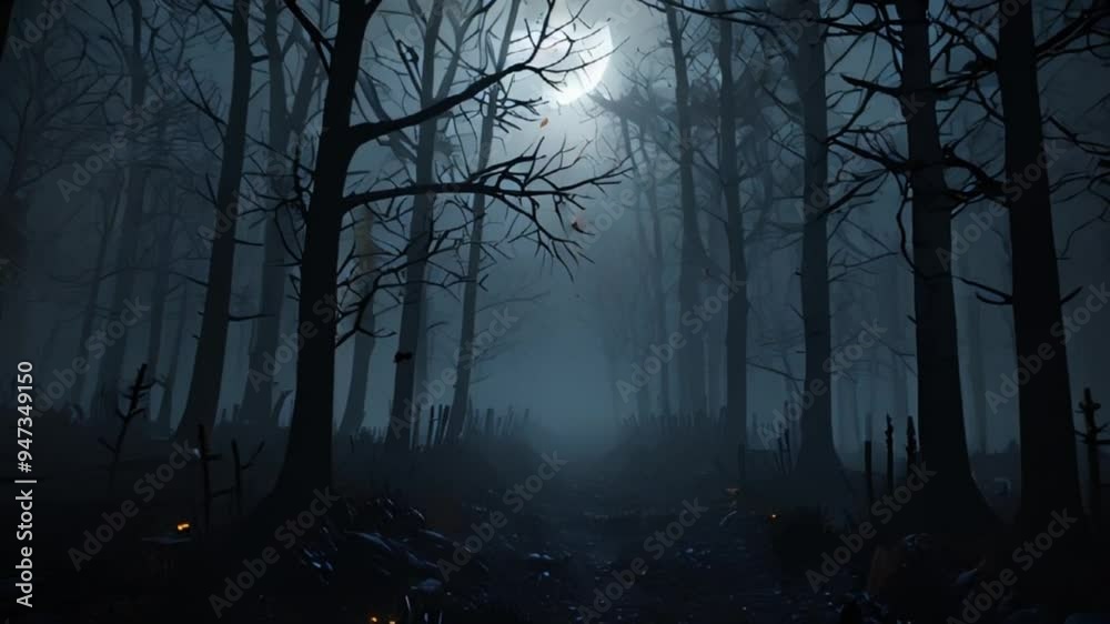a dark, foggy forest with eerie trees, capturing a Halloween night ambiance. a dark, foggy forest with eerie trees, capturing a Halloween night ambiance.