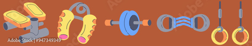 Fitness and Athletics accessories: Hand Grip, Step Machine, and other sports equipment. Design elements perfect for poster, invitation, sticker kit. Vector illustration