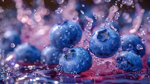 In C4D style, blueberries retain their juice to become deep blue blueberry juice, with realistic details, vibrant colors, and sharp focus