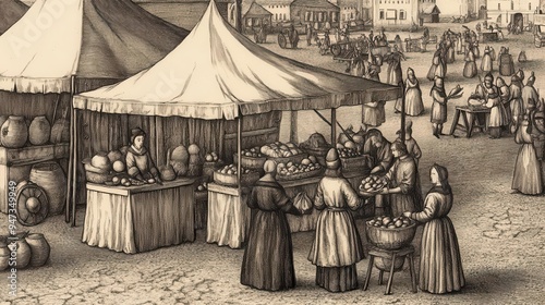 A detailed engraving of a medieval marketplace with vendors and townsfolk, old engraving, marketplace, medieval