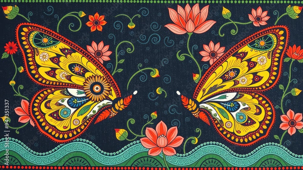 Naklejka premium Pattern with butterfly, Abstract painting, butterfly pattern, flower ornament pattern.seamless pattern with butterflies and flowers