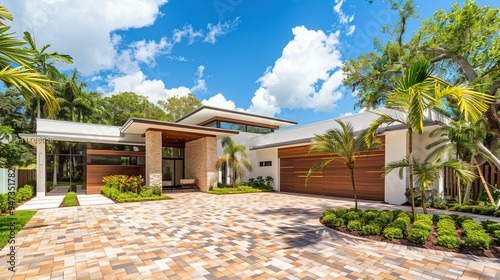 White and Brown Garage Door in a Modern Miami Home with Brick Driveway, Landscaping, and Palm Trees