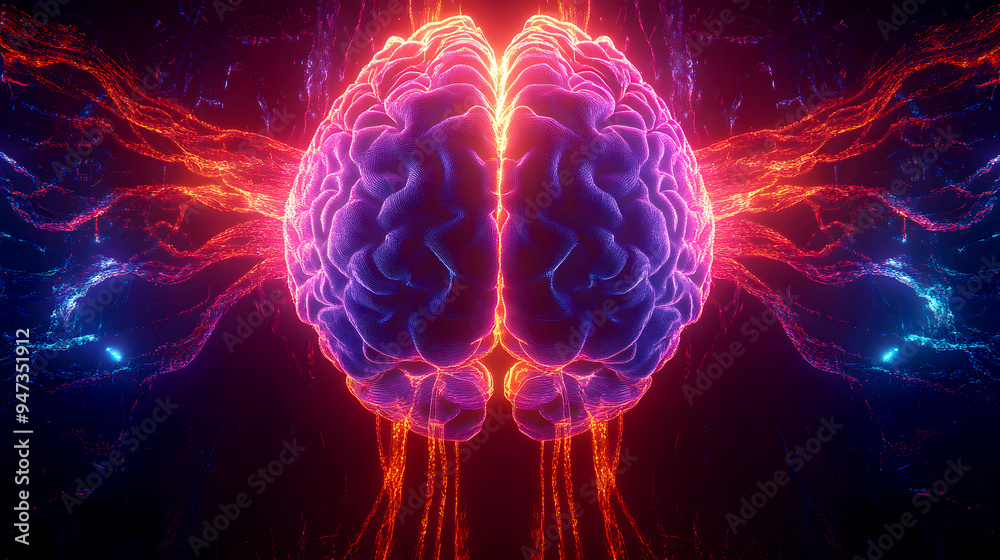 A fractal-inspired digital illustration of a human brain with glowing plexus lines, arranged in a matrix-like pattern that repeats endlessly