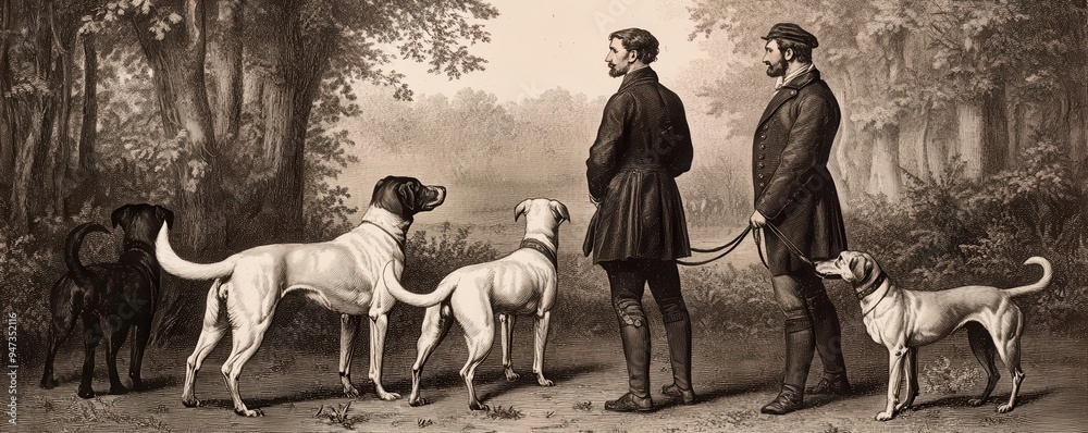 An old engraving of a hunting scene with dogs and hunters in the forest, old engraving, hunting, nature An old engraving of a hunting scene with dogs and hunters in the forest, old engraving, hunting, nature