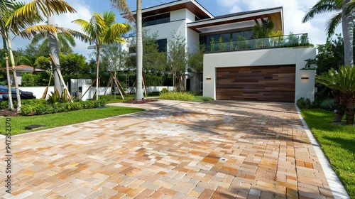 Brick Driveway with Landscaping and Palm Trees in a Modern Miami Home, Featuring a White and Brown Garage Door