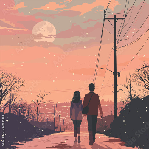 Couple walking on city road romantic scenery cartoon vector illustration. 