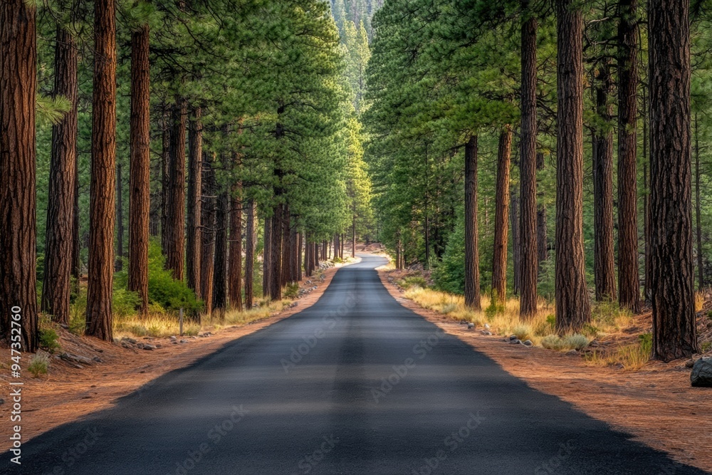 Obraz premium Empty road through dense pine forest