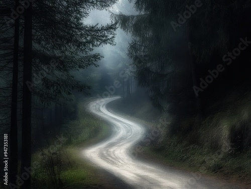 A winding road through a forest with foggy mist in the air