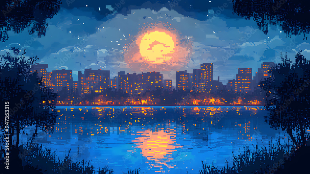 Pixel Art Nighttime City Skyline by the Lake Pixel Art Nighttime City Skyline by the Lake