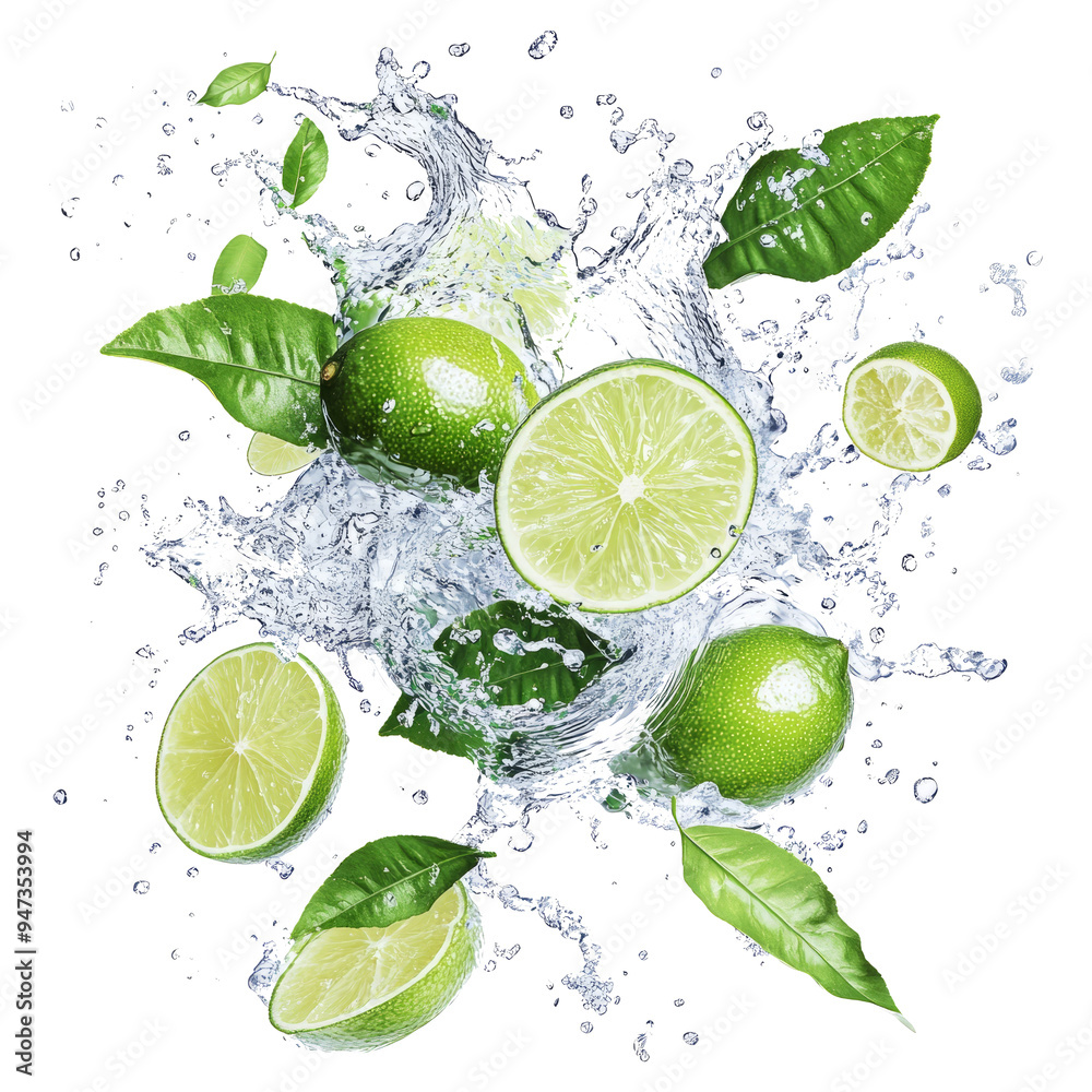 Fresh limes splashing with leaves, cut out Fresh limes splashing with leaves, cut out